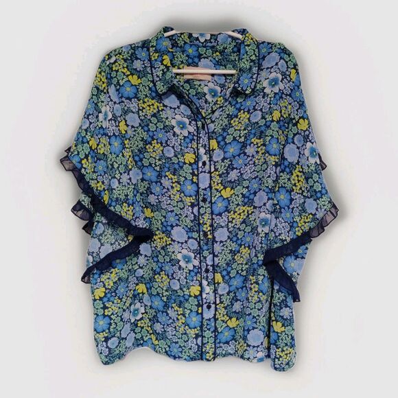 Laurie Felt womens Button Blouse Blue Floral Sz M Butterfly Sleeve boho fairy - Picture 1 of 7